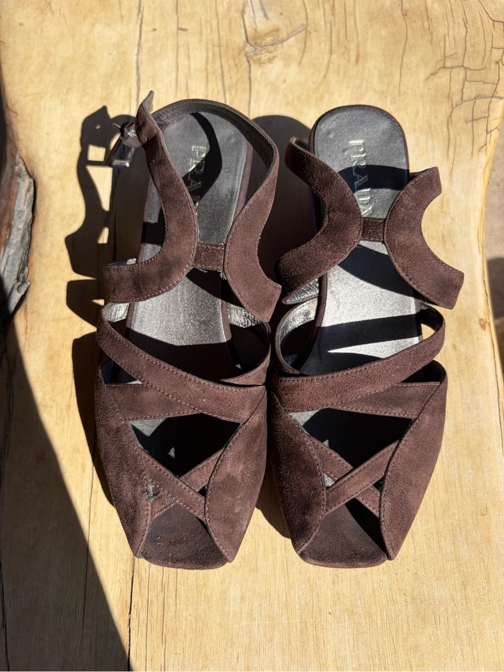 Vintage Prada Brown & Purple Suede Strappy Wedge Sandals — 37.5 / US 7.5 - Picture 2 of 9